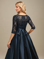 Vestido de madre de la novia de satén elástico con encaje, corte A, escote ilusión, largo hasta el suelo, con lazo y lentejuelas