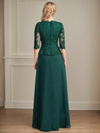 A-Linie V-Ausschnitt Bodenlanges Spitzen-Chiffon-Kleid für die Brautmutter mit kaskadierenden Rüschen und Pailletten 
