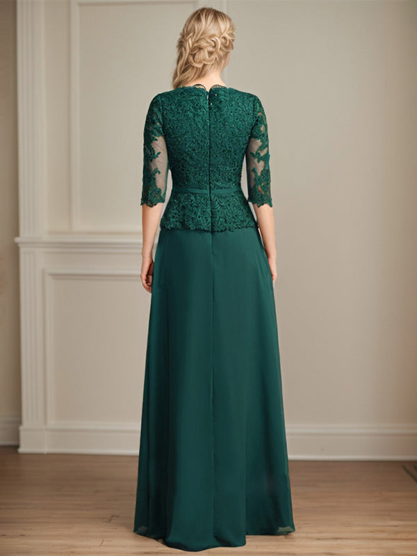 Vestido de madre de la novia de gasa con encaje, escote en V, largo hasta el suelo, con volantes en cascada y lentejuelas