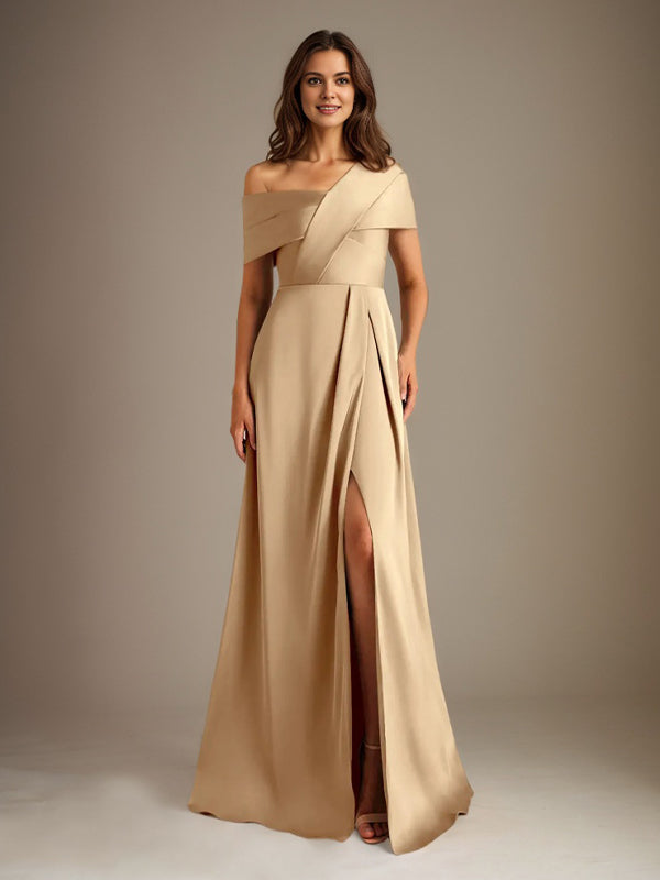 A-Line Asymmetrical Neckline Floor-Length Satin Mother of the Bride Dress With Pleated