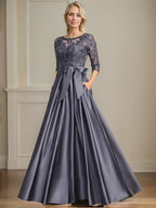 Vestido de madre de la novia de satén con encaje, corte A, escote ilusión, largo hasta el suelo, con lazo de lentejuelas