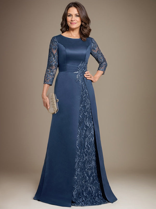 Vestido de madre de la novia de satén con encaje, corte A, largo hasta el suelo y apliques