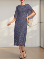 Vestido para madre de la novia de gasa con encaje, corte tubo, escote redondo y largo hasta la rodilla
