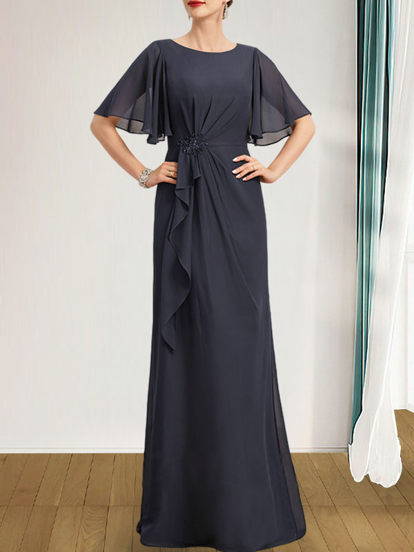 Vestido de gasa para madre de la novia, corte A, escote redondo, largo hasta el suelo, con volantes en cascada, cuentas y lentejuelas