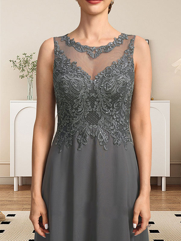 Vestido de gasa con encaje y lentejuelas para madre de la novia, corte A, escote ilusión, largo hasta el suelo