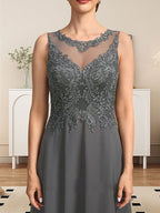 Vestido de gasa con encaje y lentejuelas para madre de la novia, corte A, escote ilusión, largo hasta el suelo
