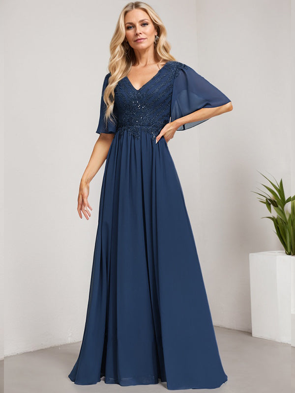 Vestido de madre de la novia de gasa con encaje, escote en V y lentejuelas, largo hasta el suelo