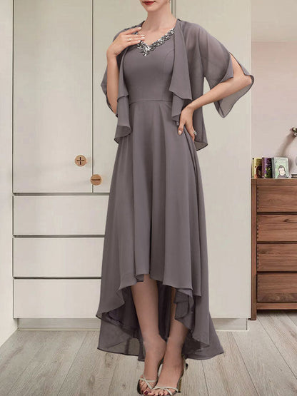 A-Linien-Kleid mit V-Ausschnitt, asymmetrischem Chiffon für die Brautmutter mit Perlen und Pailletten