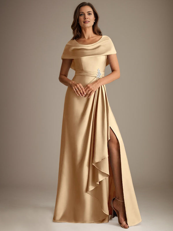Vestido de madre de la novia de satén elástico, corte A, largo hasta el suelo, con escote redondo y volantes en cascada