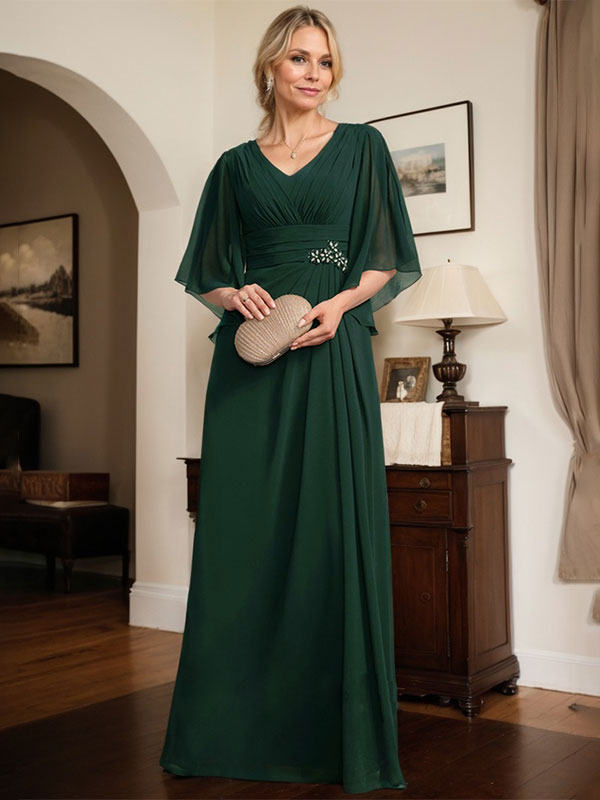Etui-Linie/Säule V-Ausschnitt Bodenlang Chiffon Kleid für die Brautmutter mit Plissee Pailletten Perlenbesatz