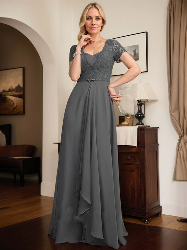 Vestido de madre de la novia de gasa con encaje, corte en A, escote corazón, largo hasta el suelo, con volantes en cascada y cuentas
