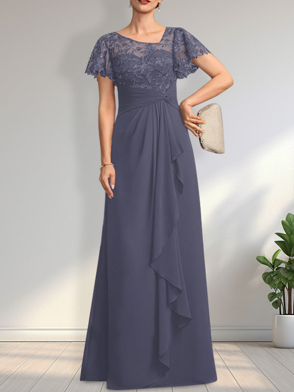 A-line Asymmetrical Illusion Floor-Length Lace Chiffon Mother of the Bride Dress With Cascading Ruffles Sequins