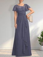 A-line Asymmetrical Illusion Floor-Length Lace Chiffon Mother of the Bride Dress With Cascading Ruffles Sequins