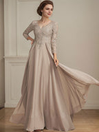 A-Linie V-Ausschnitt Bodenlanges Spitzen-Chiffon-Kleid für die Brautmutter mit Pailletten 