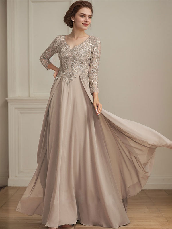 Vestido de madre de la novia de gasa con encaje, escote en V y lentejuelas, largo hasta el suelo