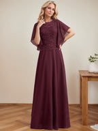 Vestido de gasa con encaje y lentejuelas para madre de la novia, corte A, escote ilusión, largo hasta el suelo