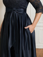 A-Linie V-Ausschnitt Bodenlanges Satin-Spitzenkleid für die Brautmutter mit Paillettenschleife 