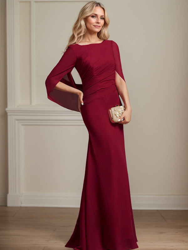Vestido de madre de la novia de gasa con escote barco, corte trompeta/sirena, largo hasta el suelo, con pliegues