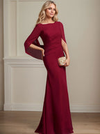 Vestido de madre de la novia de gasa con escote barco, corte trompeta/sirena, largo hasta el suelo, con pliegues