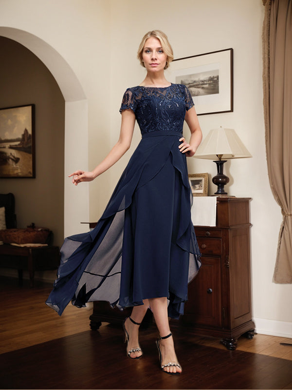 Vestido de madre de la novia de gasa asimétrica con escote en A, ilusión, encaje, lazo, volante y lentejuelas