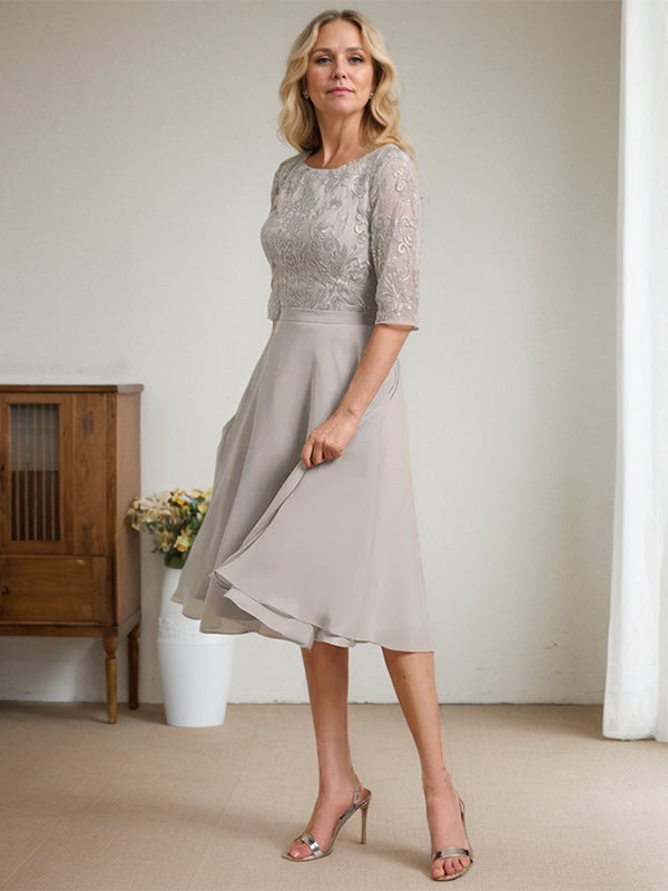 Vestido de gasa con encaje y escote redondo hasta la rodilla para madre de la novia