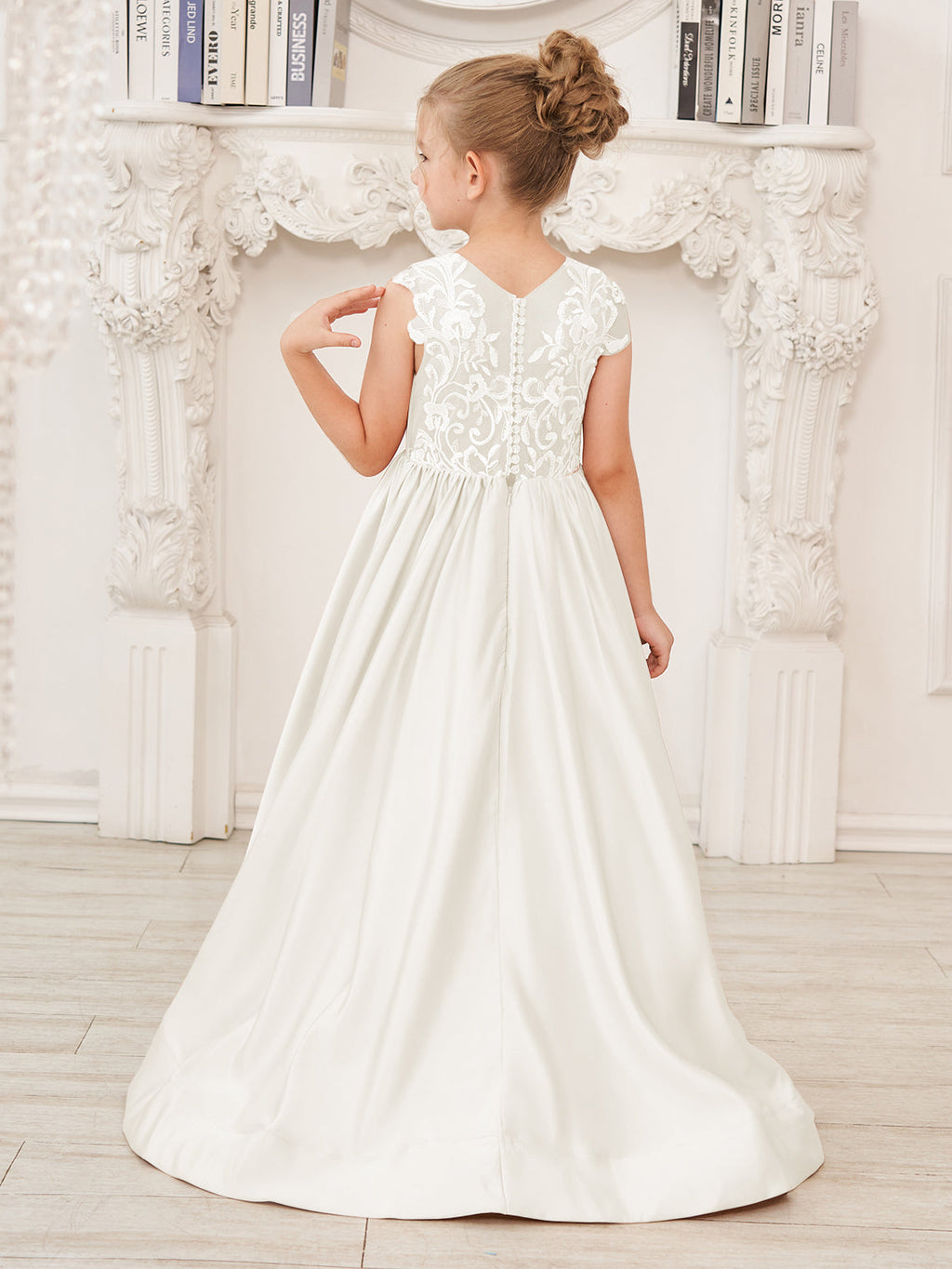 A-Linie Spitze Satin Bodenlang Blumenmädchenkleid 