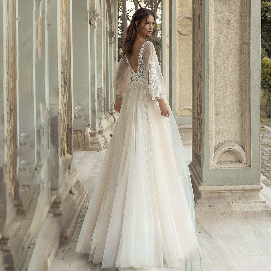 Elegant A-Line Wedding Dress Puff Sleeve Romantic Bridal Backless Beaded Appliques V-Neck Bride Dresses Vestido Noiva-payinti