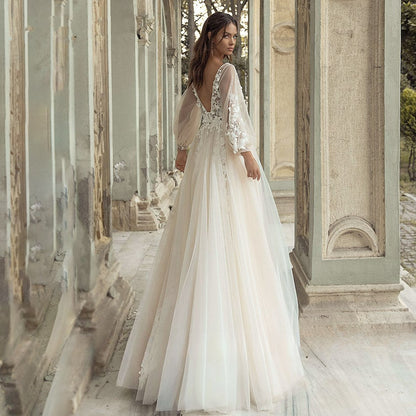 Elegant A-Line Wedding Dress Puff Sleeve Romantic Bridal Backless Beaded Appliques V-Neck Bride Dresses Vestido Noiva-payinti