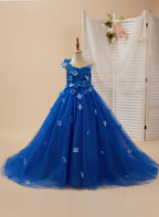 Prinzessin Ballkleid Blumenmädchenkleid mit Applikationen und Schleife Königsblau 