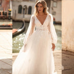 Sexy V Neck Lace Wedding Dresses 2024 Simple Long Puff Sleeves Bride Gowns Appliques Backless Robe De Marié Custom Made-payinti