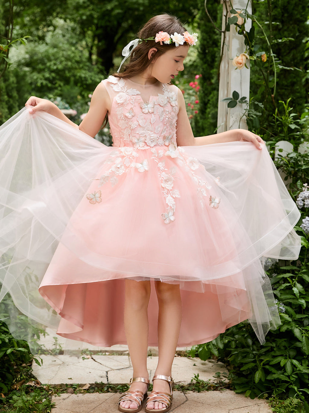 Duchesse-Linie/Princess-Linie Tüll Asymmetrisch Rosa Blumenmädchenkleid 
