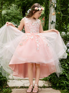 Duchesse-Linie/Princess-Linie Tüll Asymmetrisch Rosa Blumenmädchenkleid 