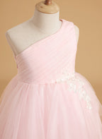 Enchanted Blush A-Line Princess Flower Girl Dress | One-Shoulder Tulle Gown with Train