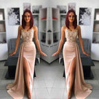 Vestido de fiesta largo de sirena con escote en forma de corazón, apliques de encaje y abertura