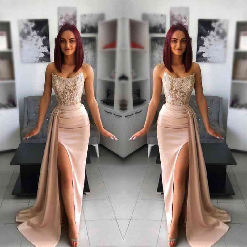 Vestido de fiesta largo de sirena con escote en forma de corazón, apliques de encaje y abertura