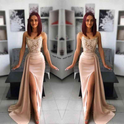 Langes Meerjungfrau-Ballkleid mit Herzausschnitt, Applikation und Spitze und Schlitz