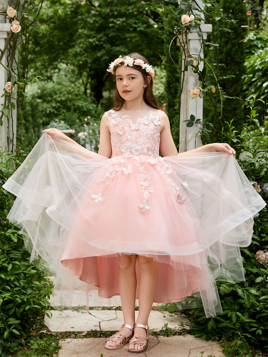 Duchesse-Linie/Princess-Linie Tüll Asymmetrisch Rosa Blumenmädchenkleid 