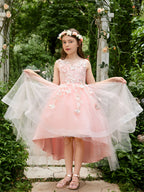 Duchesse-Linie/Princess-Linie Tüll Asymmetrisch Rosa Blumenmädchenkleid 