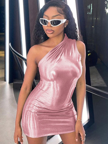 Pu Leather One Shoulder Sleeveless Draped Mini Prom Dress 2024 Summer Fall Women Elegant Y2K Evening Party Club Clothes