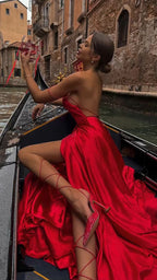 Rotes Satin Langes Ballkleid Rückenfreies Abendkleid Y279
