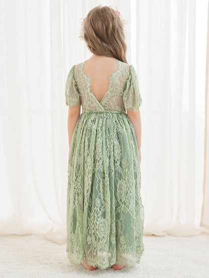 A-line Lace Ankle-length Ivory Boho Flower Girl Dress