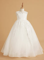 Ivory Lace and Tulle Flower Girl Dress with Floor-Length Design and Elegant Bow (2003227417)