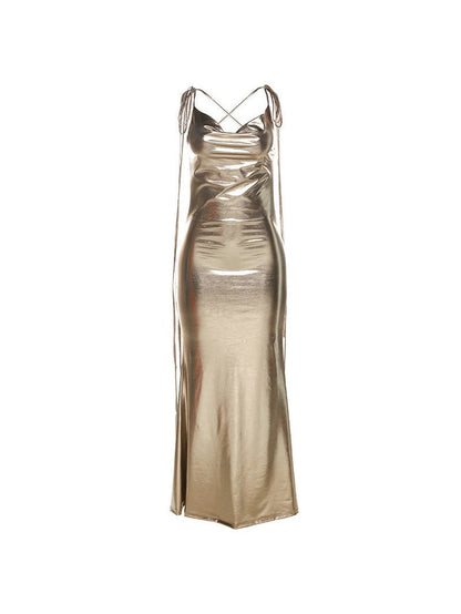 Metallic Coated Deep Neck Backless Evening Dress