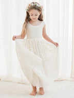 A-Linien-Spitze Knöchellanges Elfenbein Boho Blumenmädchenkleid 