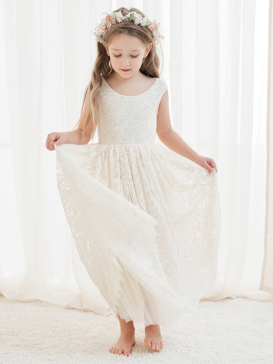 A-Linien-Spitze Knöchellanges Elfenbein Boho Blumenmädchenkleid 