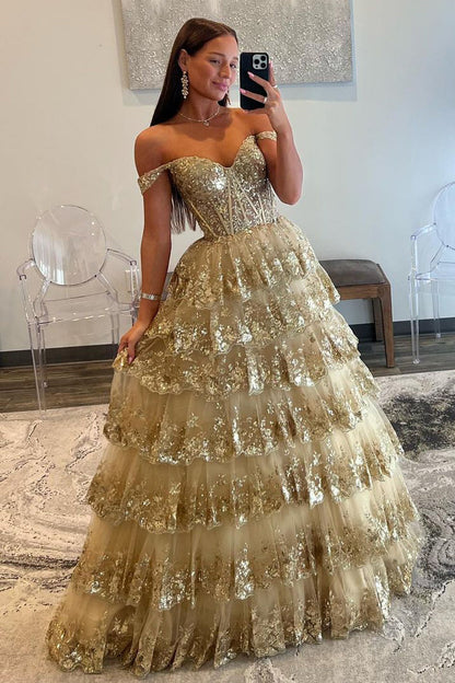 Leona | Vestido de fiesta de princesa con hombros descubiertos y encaje con lentejuelas