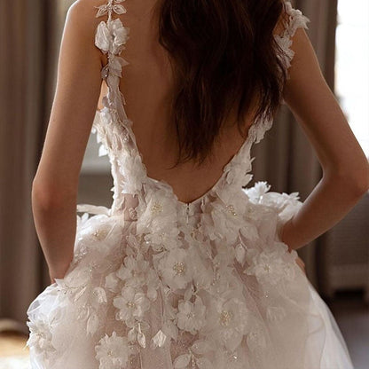 Sexy Backless Wedding Dresses For Woman V Neck Appliques Bridal Gowns Bohemian Princess Customize Tulle Vestidos-payinti