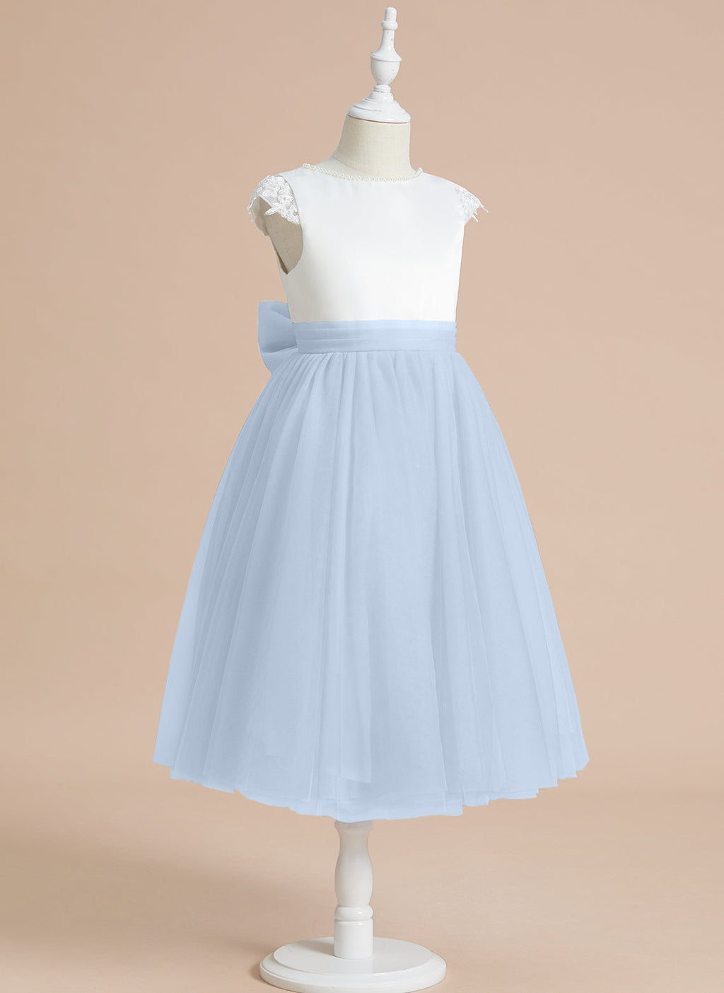 Vestido de niña de las flores de primera comunión de tul satinado con corte en A y largo hasta la rodilla