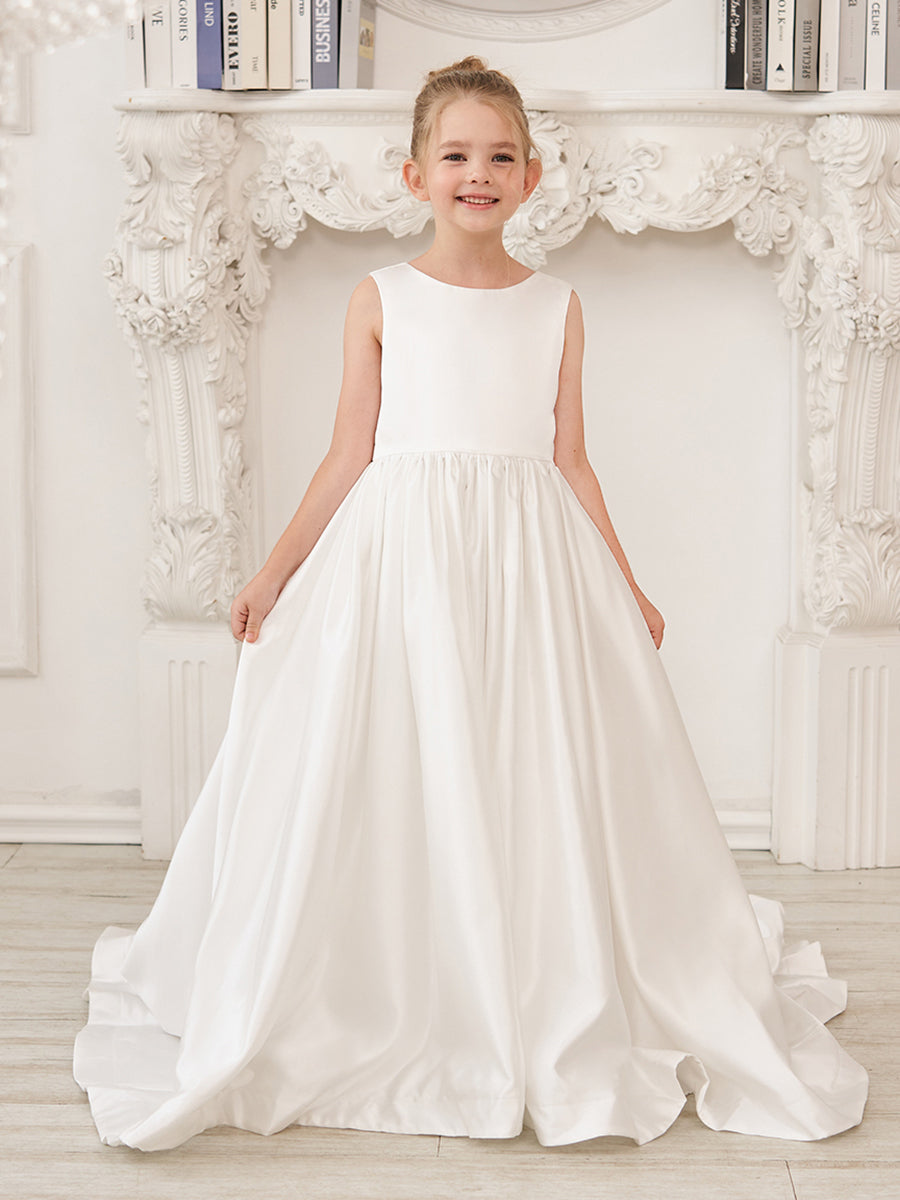 A-Linie Prinzessin Ärmelloses Satin Blumenmädchenkleid mit Schleppe und Schleife 