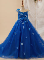Prinzessin Ballkleid Blumenmädchenkleid mit Applikationen und Schleife Königsblau 
